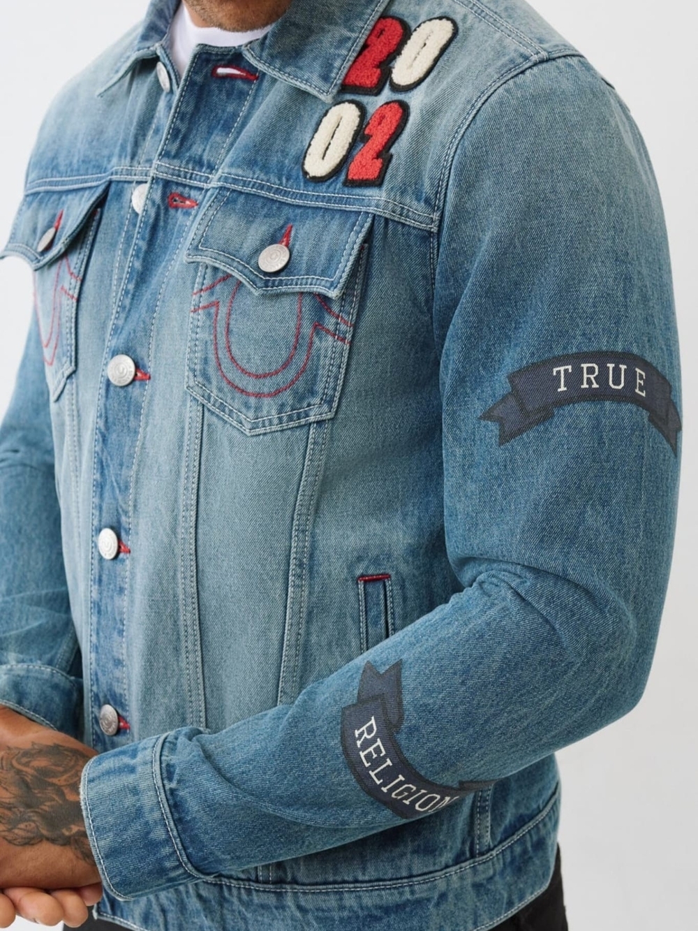 True Religion Light Blue Denim Jacket with Patch Accents